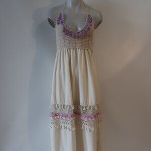 NWT Women Regina (Item-220) Ivory Lavender Boho Tassel Shoulder Tie Maxi Dress M